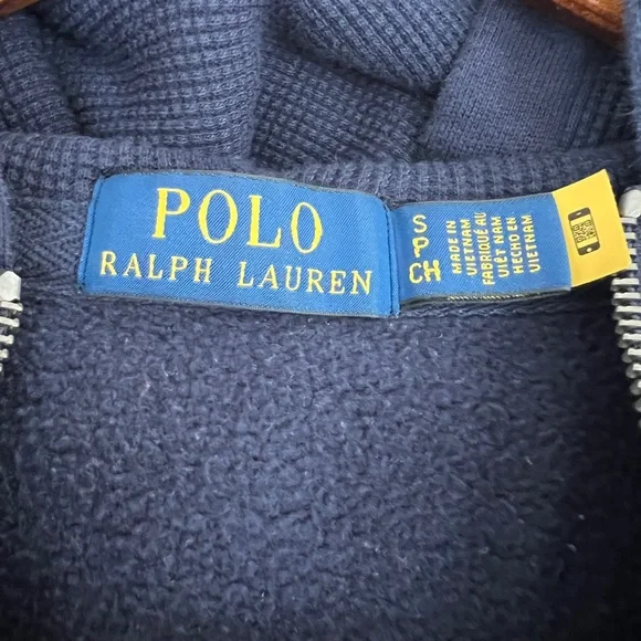 Ralph Lauren Navy Zip-Up Hoodie Small Yellow Polo Logo - Picture 2 of 7